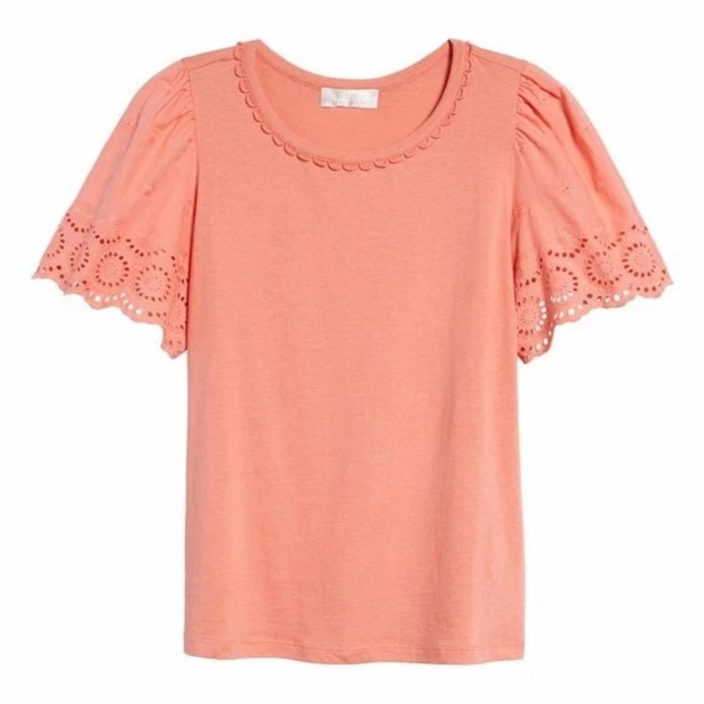 Rachel Parcell Eyelet Sleeve T Shirt Top Short Flutter Sleeve Coral Sz S NEW